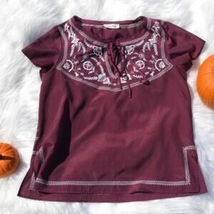 Calvin Klein Plum Short Sleeve Embroidered Purple Size Small Boho Tie Trendy